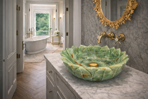 Lavabo de salle de bain de luxe en onyx vert en forme de lotus, vasque à poser en pierre naturelle pour comptoir de salle de bain - Product Image 2