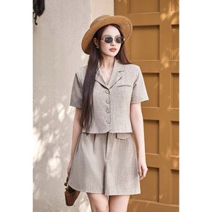 Conjunto de 2 Piezas para Mujer, Color Beige, Estilo Casual, Chaleco Corto Entallado, Manga Corta, Botones, Poliéster, Spandex, Antiestático, ZELDA - Product Image 1