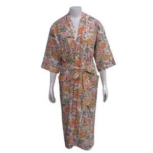 Bata Kimono de Algodón con Estampado Floral para Mujer, Cuello en V, Manga Tres Cuartos, Estilo Casual para Primavera, Tejido Suave, Lavado a Mano - Product Image 1