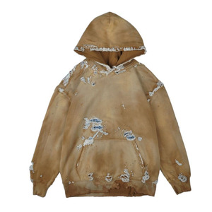 Custom Heavyweight Vintage Washed Distressed Hoodie Streetwear Acid Wash Ripped Patchwork Oversized Hoodies for Men - Product Image 1