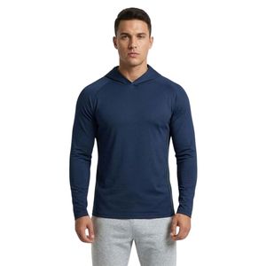Solid Dark Midnight Navy Men Gym Hoodies Premium Quality Cotton Spandex Breathable Slim Fit Long Sleeve Sports Pullovers - Product Image 2