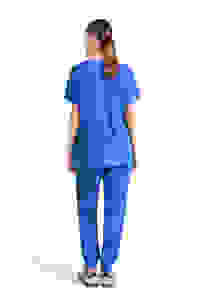 Ensemble de blouses bleues pour femmes, haut à col en V avec poches et pantalon de jogging, uniformes d'hôpital, tissu polyester tissé - Product Image 5