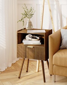 Modern Wood Nightstand With Single Drawer <b>Storage</b> with Fluted Design and Open <b>Storage</b> Midcentury Design Bedroom Furniture - Product Image 4