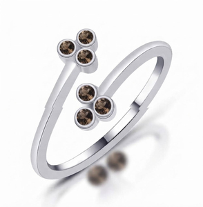 Rhaya Jewels Vintage Elegant Rhodium Plated 925 Sterling Silver Geometric Dual Smoky Quartz Bezel Setting Dainty Band <b>Ring</b> - Product Image 3