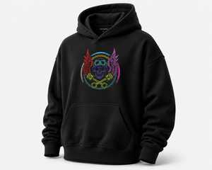 Sudadera con capucha extragrande con gráfico de calavera neón para hombre, estilo gótico con alas de calavera, sudadera con capucha prémium de peso pesado, ropa urbana, sudadera con capucha bordada - Product Image 4