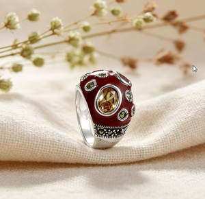 Art Palace Vintage Cocktail <b>Ring</b> 925 <b>Silver</b> Plated Red Enamel Citrine Oval Stone Marcasite Bezel Setting Unisex Jewelry - Product Image 1