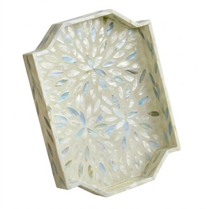 Handcrafted Mother Of Pearl Inlay Round Serving Tray With <b>Handles</b> Luxury Floral Decorative Tray For Coffee Table Ottoman Decor - Product Image 4