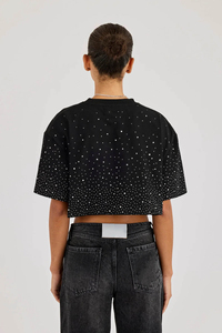 Camiseta corta para mujer con diseño de logotipo personalizado OEM, con cristales de imitación negros, mezcla de algodón, transpirable, estilo urbano. - Product Image 4