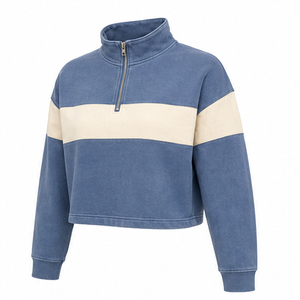 Customize Blue <b>Grey</b> Womens Boxy Half Zip Cropped <b>Sweatshirt</b> Quarter Zip Loopback Cotton - Product Image 5