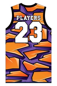 Ensemble d'uniformes de basketball personnalisés, imprimé géométrique orange et violet, sublimé, séchage rapide, maillot et short unisexe pour adultes - Product Image 3