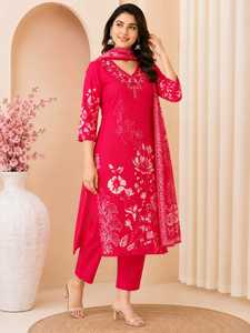 Pink Floral Printed Straight Kurta Pant <b>Dupatta</b> Set for Women with Embroidered Neckline Festive and Traditional Ethnic Wear - Product Image 4