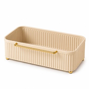 Luxury Metal Storage Box Fluted Storage <b>Basket</b> With Beautiful Golden Handle Organizer Bin Cream Decorative Desktop Storage <b>Tray</b> - Product Image 1