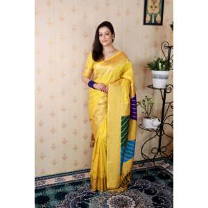 Sari Banarasi en soie douce jaune Elite Weaves avec pallu multicolore et blouse tissée Zari pour femmes 650g - Product Image 5