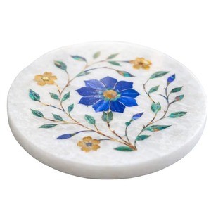 Luxury White Marble Floral Inlay Coaster Set 6 Piece Mediterranean Design - Product Image 1