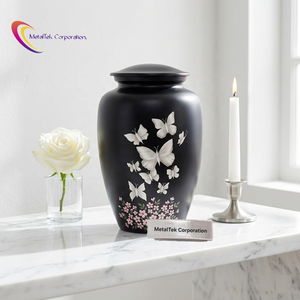 Premium Metal Cremation Urn Elegant Black Matte Finish Hand Painted White Butterflies Floral Art Durable Secure Lid Memorial Jar - Product Image 2