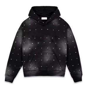 Streetwear Manufacturers Custom Heavyweight Cotton <b>Black</b> Oversized Acid Wash Digital Rhinestone Zipup Pullover <b>Men</b> Hoodie - Product Image 1