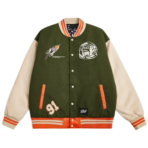 Veste universitaire unisexe verte 100% coton coupe-vent avec patch brodé, col rabattable, coupe classique, vêtement décontracté pour l'automne - Product Image 3