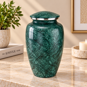 Urne funéraire en métal vert émeraude avec finition texturée, couvercle à bordure argentée, pour cendres de crémation, souvenir commémoratif, récipient funéraire - Product Image 1