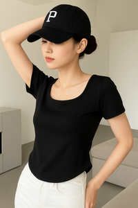 Camiseta Corta de Mujer, Transpirable, Ecológica, Cuello Redondo, Ajustada, Mangas Cortas Plisadas, Tejido de Punto - Product Image 6