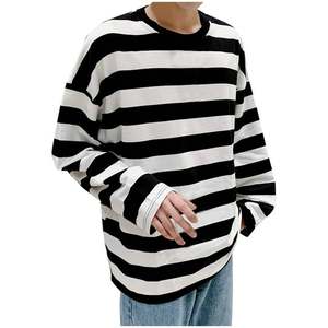T-shirt rayé à manches longues pour homme, coupe décontractée oversize à col ras du cou et épaules tombantes, style streetwear, vente directe usine, meilleures ventes, OEM - Product Image 5