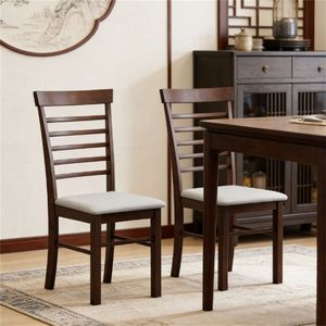 Set of Two Wooden Dining Chairs Dark Brown and Beige Kitchen Chairs - Product Image 1