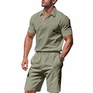 Conjunto Casual de Verano para Hombre de Dos Piezas, 100% Algodón, Traje de Playa Corto Tejido, Camisa y Pantalones en Colores Sólidos - Product Image 3