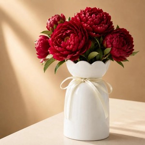 Vase en porcelaine blanche en forme de tulipe avec bord festonné et nœud en ruban, décoration minimaliste pour table, 8-16 pouces, finition mate - Product Image 5