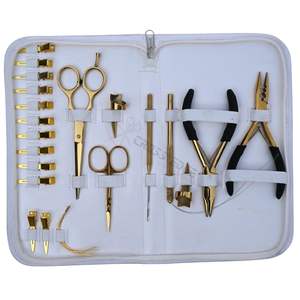 Kit professionnel de pinces à extensions de cheveux en or avec pince à sertir à 3 trous pour micro-anneaux, enfileur de boucles et ciseaux de barbier professionnels - Product Image 5