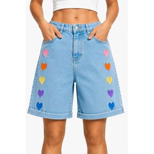 <b>Light</b> Blue <b>Rainbow</b> Heart Embroidered Women Denim Shorts High Waist Casual Loose Fit Rolled Hem Cotton Summer Fashion Jeans Short - Product Image 1