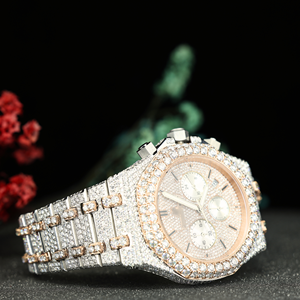 Montre chronographe bicolore sertie de diamants Moissanite, en acier inoxydable plaqué or rose, montre de luxe Hip Hop, vente en gros - Product Image 3