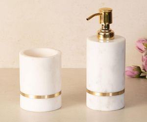 Ensemble de salle de bain décoratif en marbre naturel de grande qualité à prix raisonnable avec distributeur de savon, porte-brosse à dents et porte-savon - Product Image 2