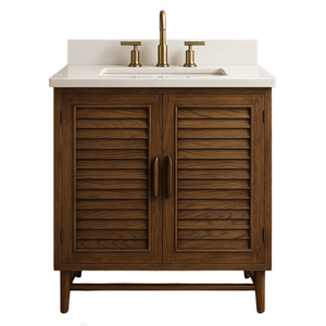 Mueble de Baño Individual Estilo Costero de Teca con Encimera de Cuarzo Blanco y Puertas con Rejillas - Product Image 1
