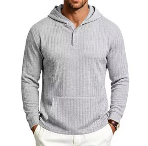 Men's Eco-Friendly Hooded Knitted Pullover Solid Color Pocket Regular Fit Casual Autumn 100% Cotton Breathable <b>Long</b> <b>Sweatshirt</b> - Product Image 5