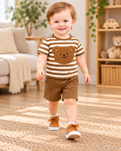 Ensemble de vêtements d'été pour bébés garçons, 2 pièces, t-shirt rayé avec motif d'ours et short, tenue de haute qualité personnalisable - Product Image 2