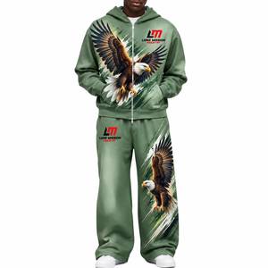 Survêtement pour homme LONG MISSION INDUSTRY, coupe longue, à capuche, imprimé aigle, 100% coton, décontracté, coupe régulière, vêtements d'hiver respirants - Product Image 1