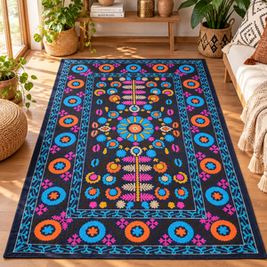 Cubrecama de Lujo Hecho a Mano con Bordado Suzani, de Algodón, Negro Multicolor, Floral, Boho, Étnico Indio, Decoración para el Hogar - Product Image 1