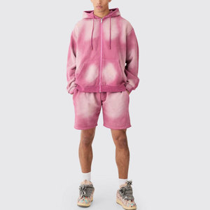 Ensemble de jogging décontracté pour homme en molleton 100 % coton respirant, brodé, délavé à l'acide, avec short et haut à manches longues zippé effet usé - Product Image 1