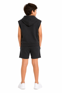 Ensemble sweat à capuche sans manches et short pour enfants, survêtement d'été en coton pour garçons, ensemble coordonné décontracté avec haut à capuche et poche kangourou assorti - Product Image 3