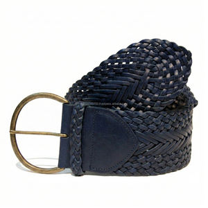 Ceinture décontractée pour femme en cuir véritable bleu marine tressé, largeur 50 mm, longueur personnalisable, avec boucle ardillon en alliage à motif géométrique, durable, style vintage - Product Image 1