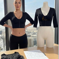 Haut de yoga ajustable transfrontalier pour le remodelage corporel, avec boucle avant, vêtement de sport, bordure en dentelle, manches 3/4