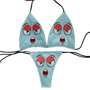 <b>Pink</b> Cartoon Face <b>Bikini</b> <b>Set</b> Women Spandex Polyester Two Piece Swimwear Triangle Top Thong Bottoms Digital Print - Product Image 3