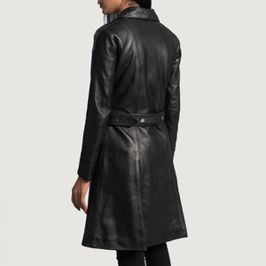 2026 New Ladies Double Breasted Lamb Leather Windbreak Long Coat with Waistband Women Leather Coat for Girls - Product Image 2