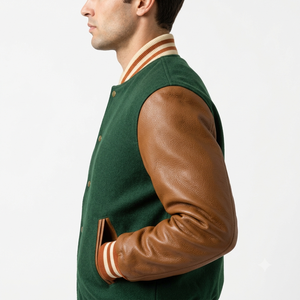 <b>Men's</b> Green Varsity <b>Jacket</b> With Brown <b>Leather</b> Sleeves Turn-down Collar Button Closure Autumn Casual Outerwear Regular Fit - Product Image 5