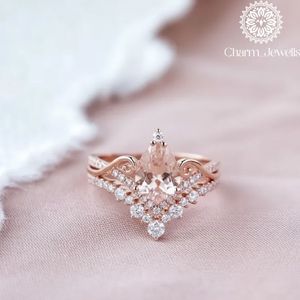 Charm_Jewells Women's Rose Gold Plated Pear Cut Moissanite Engagement <b>Ring</b> Pave Setting Romantic <b>Crown</b> Style - Product Image 1
