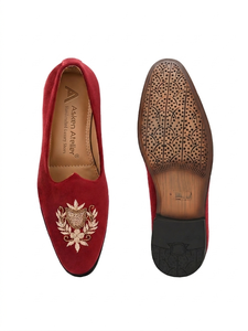 Red Embroidered Men's Loafers Closed <b>Toe</b> Slip-On Dress Shoes, Premium Footwear for Wedding Party <b>by</b> Asken Atelier - Product Image 3
