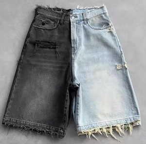 Wholesale Summer Unisex Hip Hop Ripped Hole Denim Shorts 100% Cotton Breathable <b>Black</b> Punk Wash Baggy Work Vintage Raw <b>Edge</b> - Product Image 2