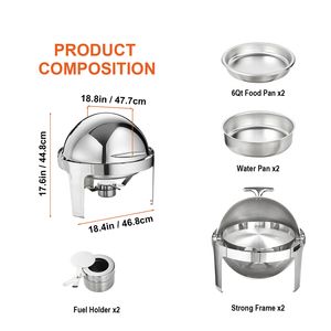 Lot de 2 réchauds de buffet en acier inoxydable de 6 pintes avec couvercle roulant, pour traiteur, avec bacs pleine taille et contrôle manuel de la température - Product Image 4