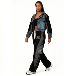 Ensemble deux pièces pour femme, veste et pantalon en jean patchwork surdimensionnés, style streetwear, tenue tendance longue - Product Image 3