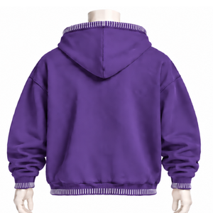 Sweat à capuche violet surdimensionné avec bordure cousue, effet vieilli, surpiqûres contrastées, poche kangourou, coupe décontractée, style streetwear - Product Image 2