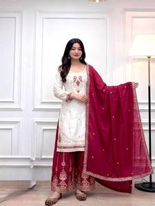 Conjunto de Salwar Kameez de Seda Tejida Étnica para Mujer, con Dupatta Bordada, Manga Larga, Cuello Redondo, Corte Regular, Largo hasta el Tobillo, para Primavera/Verano - Product Image 6